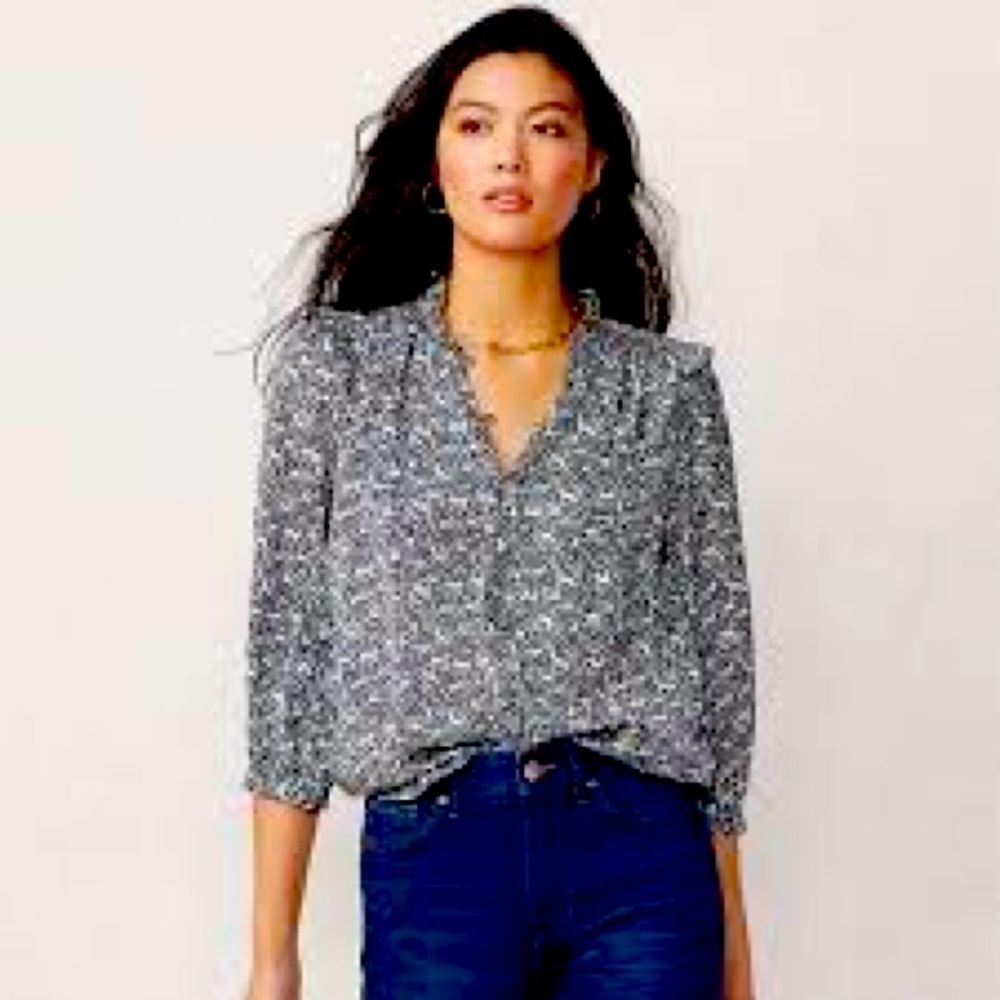 LC Lauren Conrad Button Front Ruffle Blouse with fox and rabbits, size Large